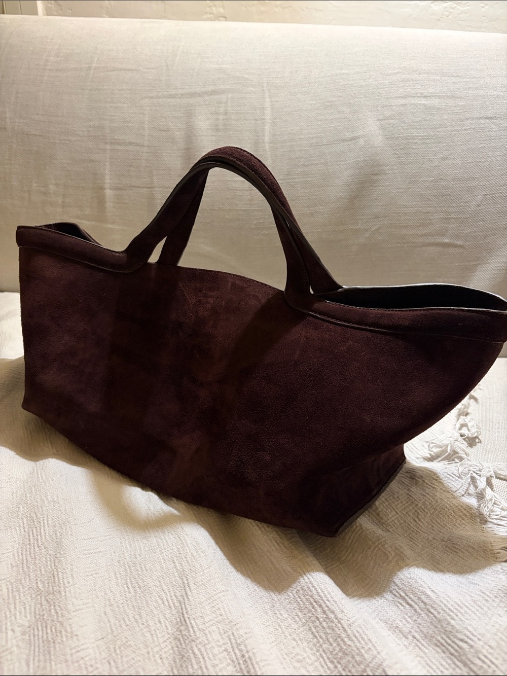 Zara Elongated Horizontal Suede Leather Tote Bag Dark Brown - Picture 2 of 6
